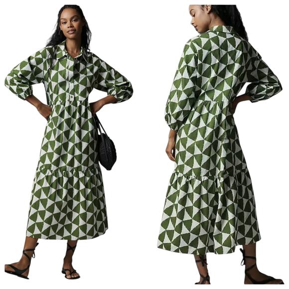 Maeve Anthropologie Bettina Tiered Shirt Dress Pockets Midi sz M Fits 8 10 12 - Picture 1 of 12